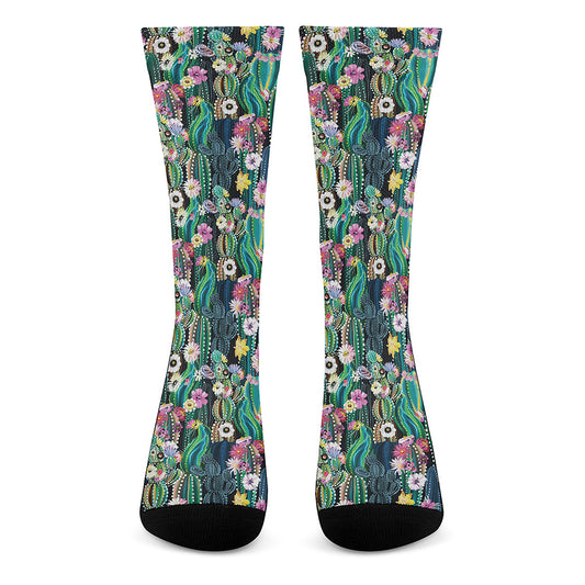 Watercolor Blooming Cactus Print Crew Socks
