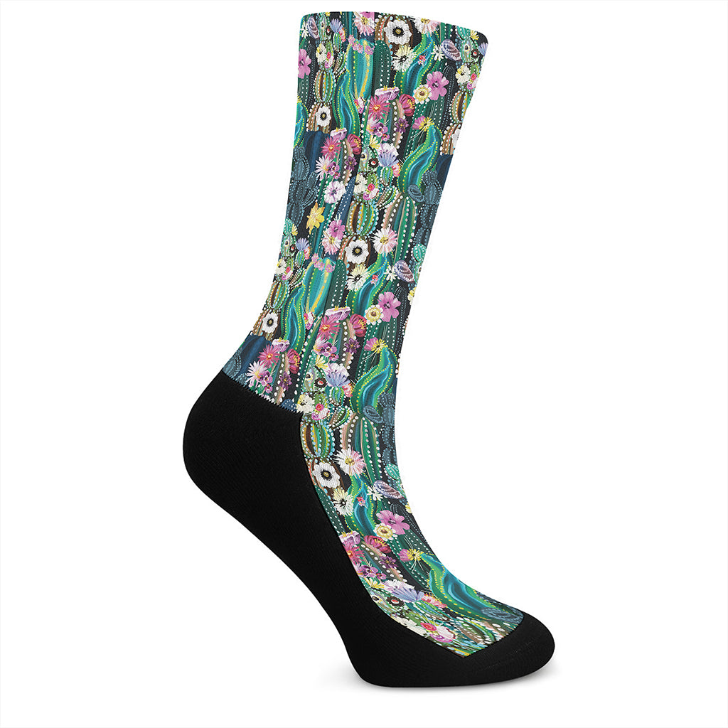 Watercolor Blooming Cactus Print Crew Socks