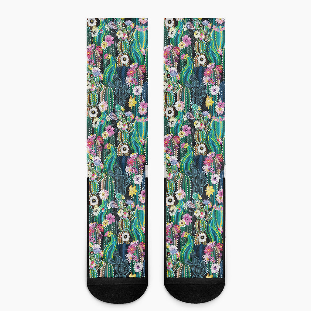 Watercolor Blooming Cactus Print Crew Socks