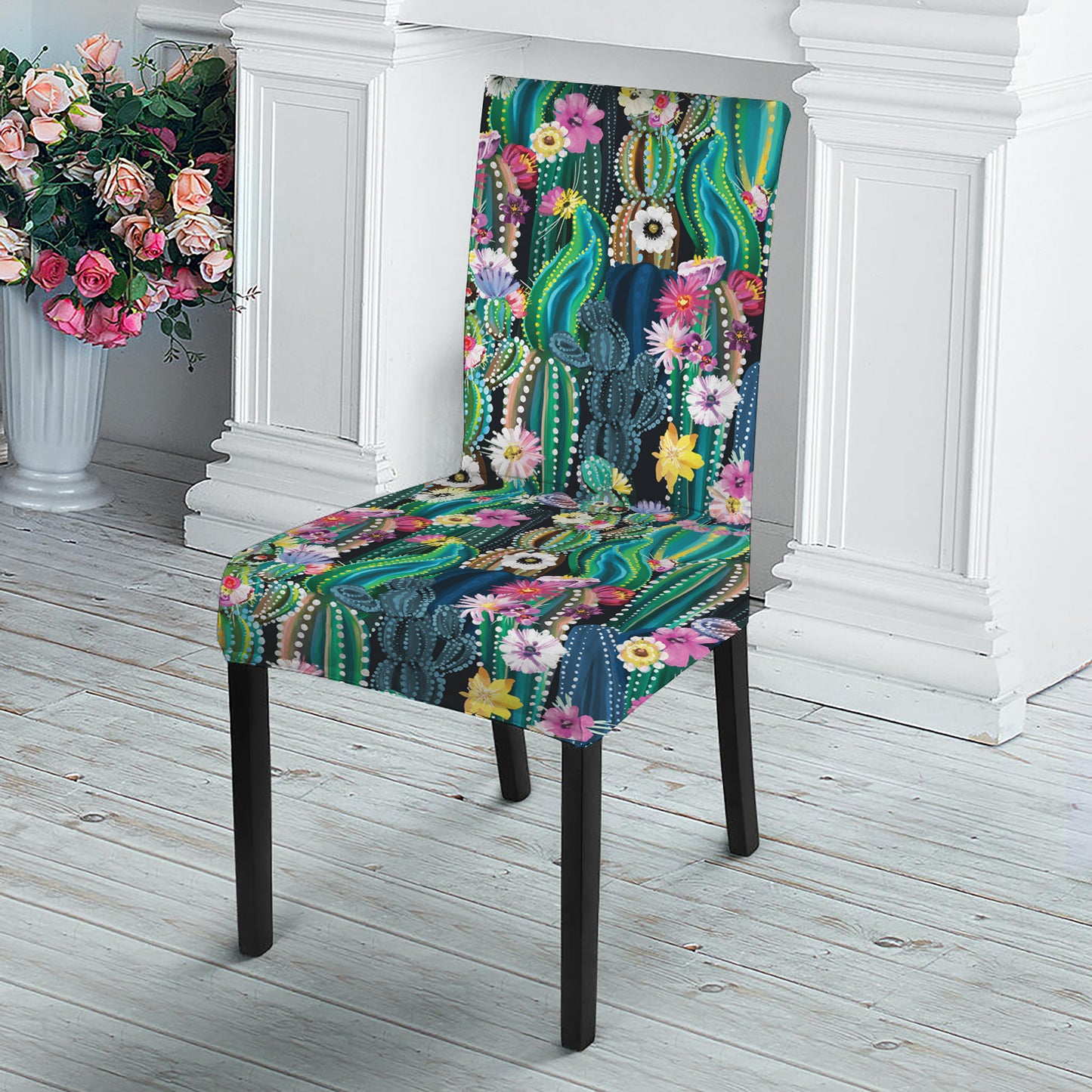 Watercolor Blooming Cactus Print Dining Chair Slipcover