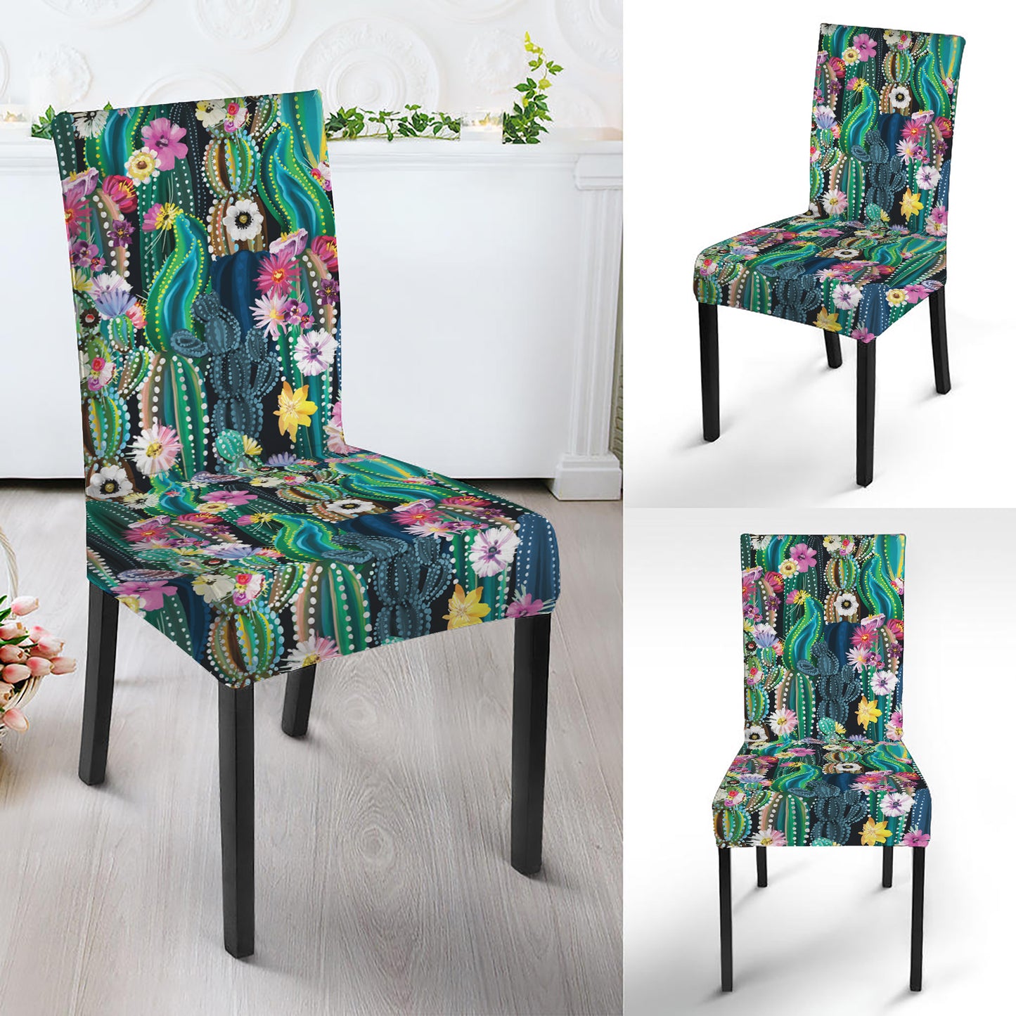 Watercolor Blooming Cactus Print Dining Chair Slipcover