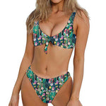 Watercolor Blooming Cactus Print Front Bow Tie Bikini