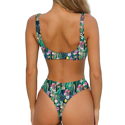 Watercolor Blooming Cactus Print Front Bow Tie Bikini