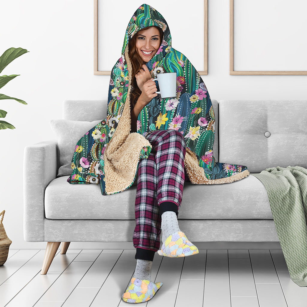 Watercolor Blooming Cactus Print Hooded Blanket