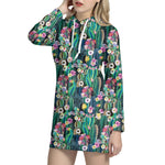 Watercolor Blooming Cactus Print Hoodie Dress