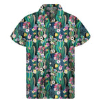 Watercolor Blooming Cactus Print Men's Short Sleeve Shirt
