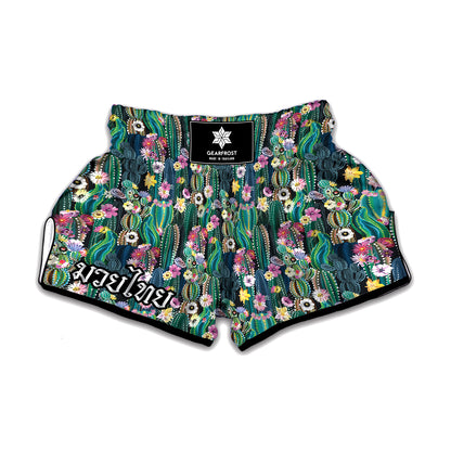 Watercolor Blooming Cactus Print Muay Thai Boxing Shorts