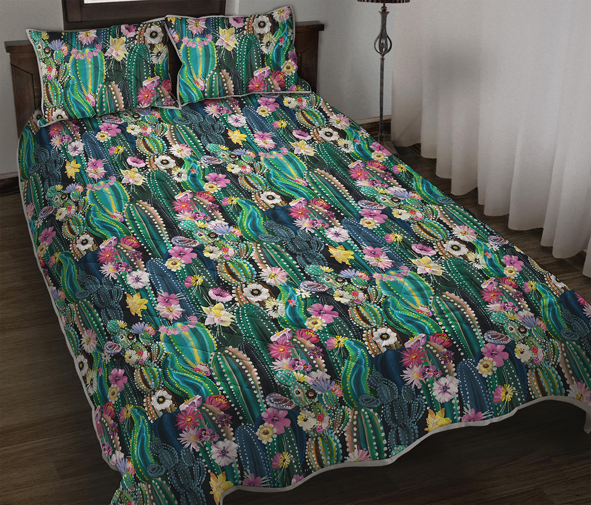 Watercolor Blooming Cactus Print Quilt Bed Set