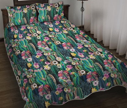 Watercolor Blooming Cactus Print Quilt Bed Set