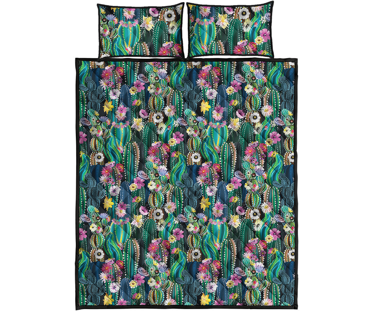 Watercolor Blooming Cactus Print Quilt Bed Set