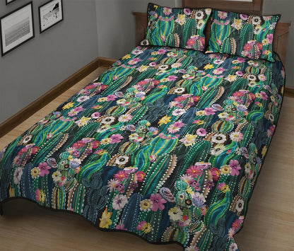 Watercolor Blooming Cactus Print Quilt Bed Set