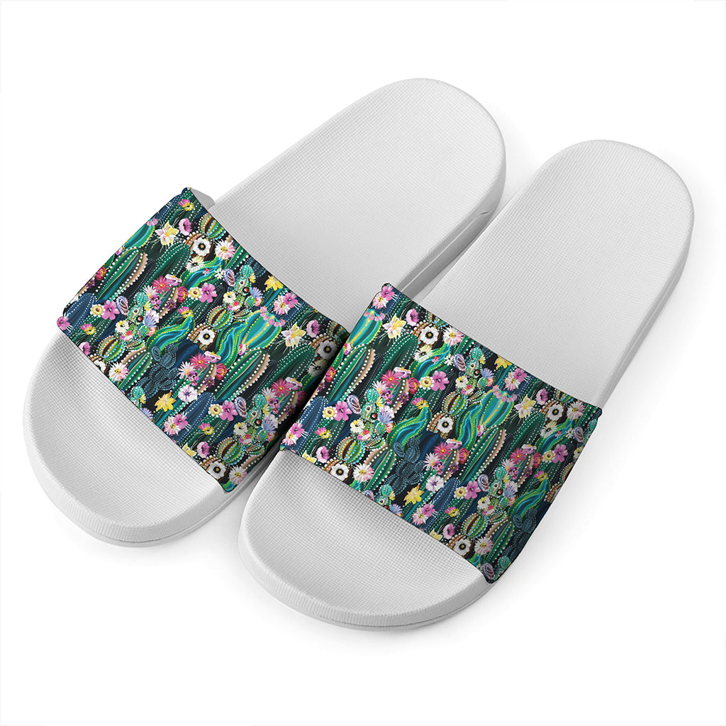Watercolor Blooming Cactus Print White Slide Sandals