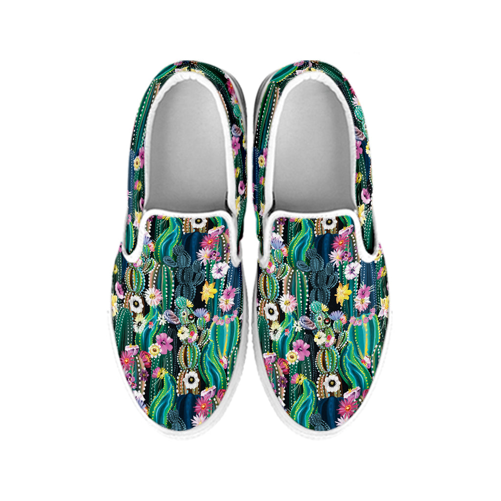 Watercolor Blooming Cactus Print White Slip On Shoes