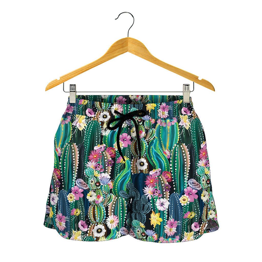 Watercolor Blooming Cactus Print Women's Shorts