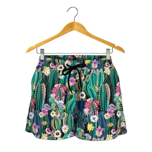 Watercolor Blooming Cactus Print Women's Shorts