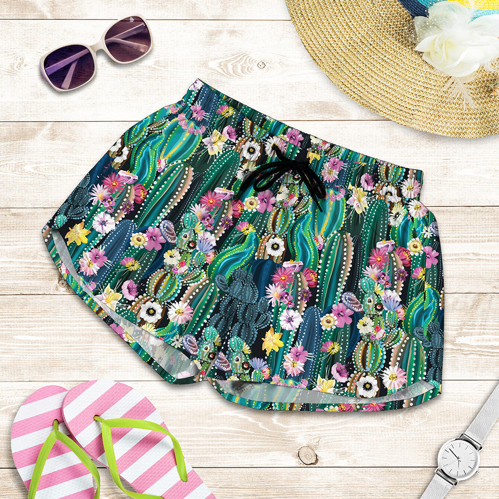 Watercolor Blooming Cactus Print Women's Shorts