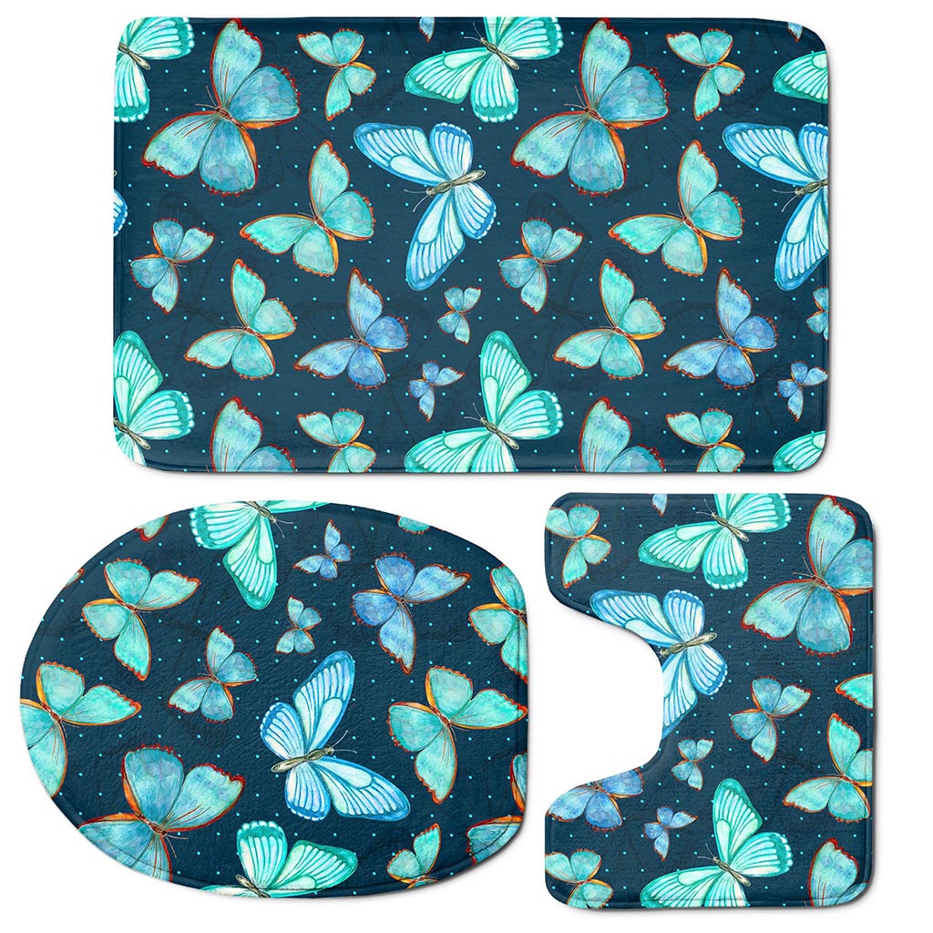 Watercolor Blue Butterfly Pattern Print 3 Piece Bath Mat Set
