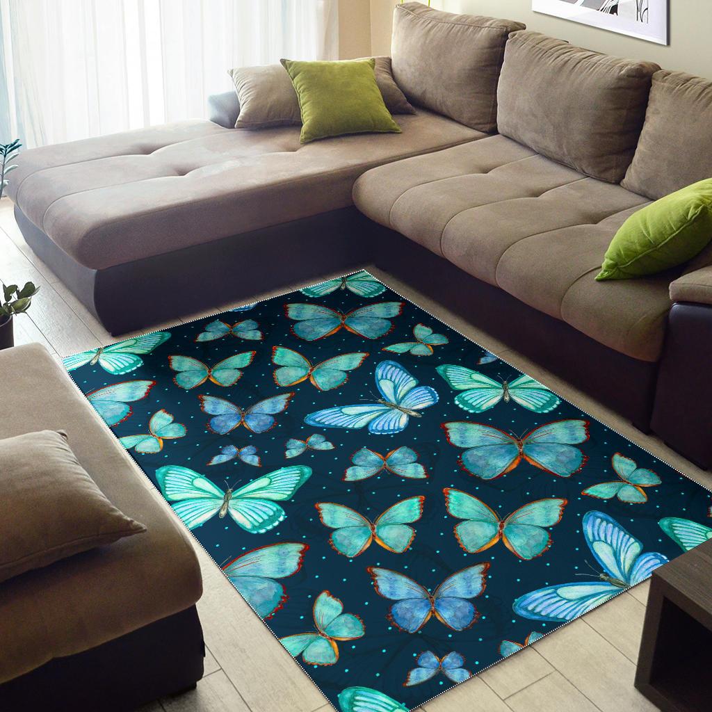 Watercolor Blue Butterfly Pattern Print Area Rug GearFrost