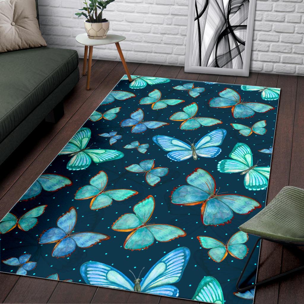 Watercolor Blue Butterfly Pattern Print Area Rug GearFrost