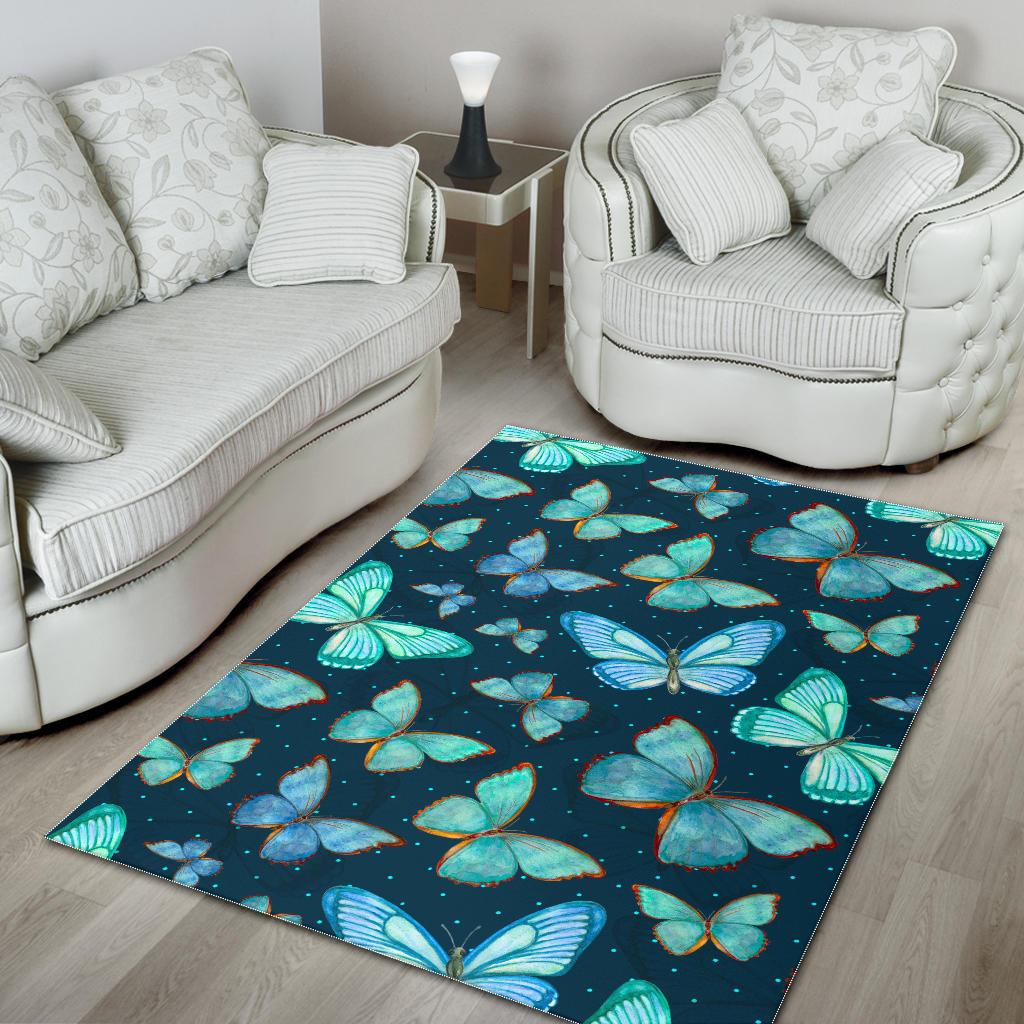 Watercolor Blue Butterfly Pattern Print Area Rug GearFrost