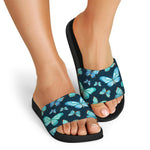 Watercolor Blue Butterfly Pattern Print Black Slide Sandals