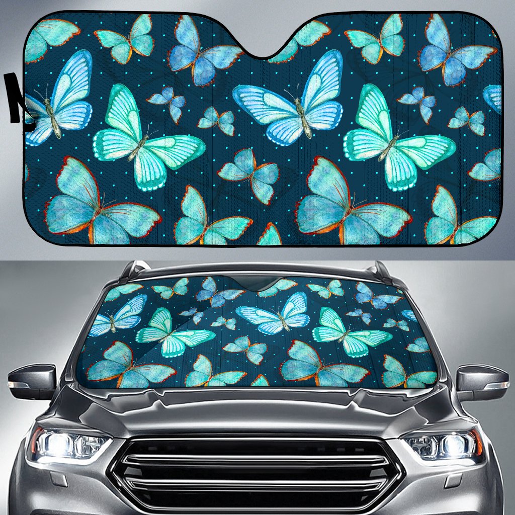 Watercolor Blue Butterfly Pattern Print Car Sun Shade GearFrost
