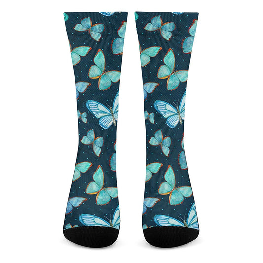 Watercolor Blue Butterfly Pattern Print Crew Socks
