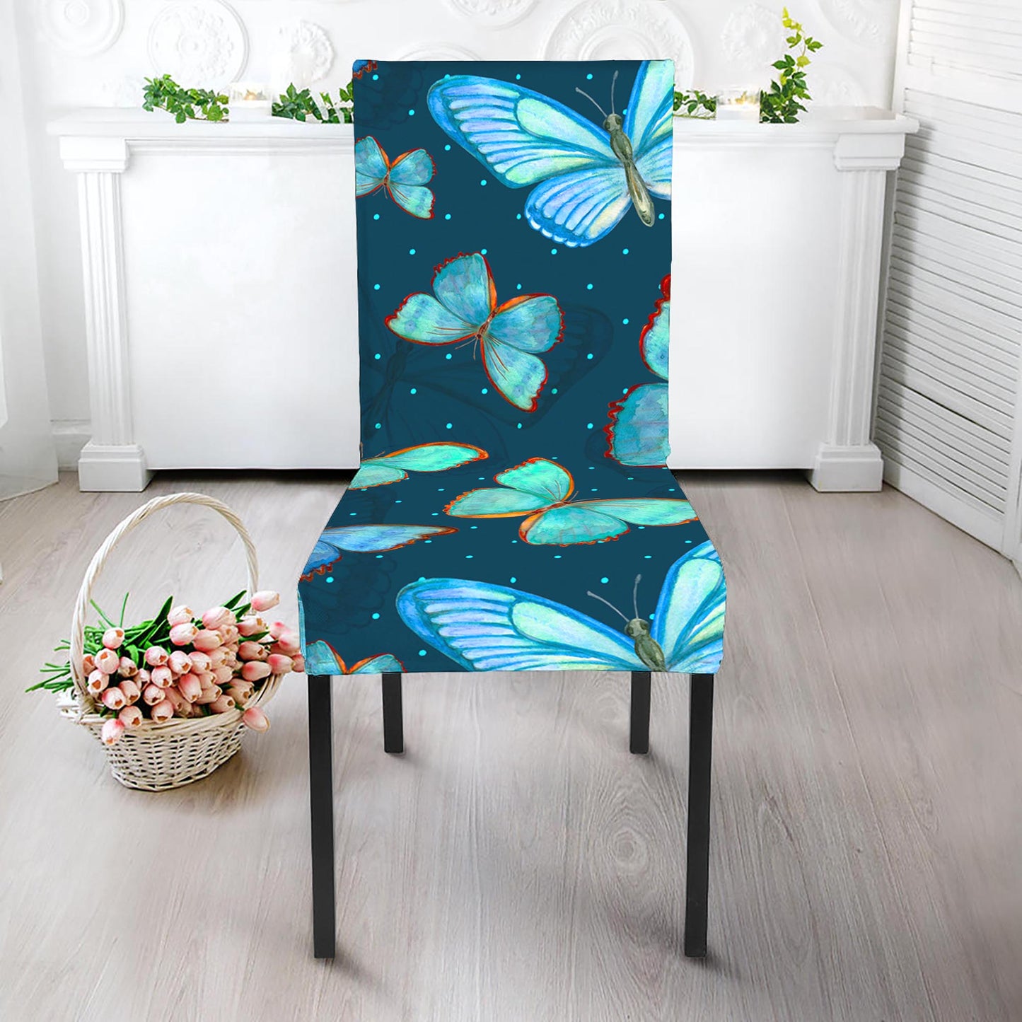 Watercolor Blue Butterfly Pattern Print Dining Chair Slipcover