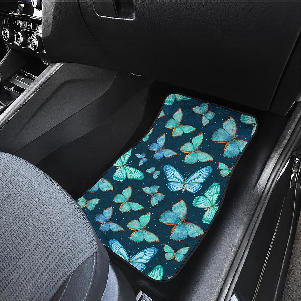 Watercolor Blue Butterfly Pattern Print Front and Back Car Floor Mats