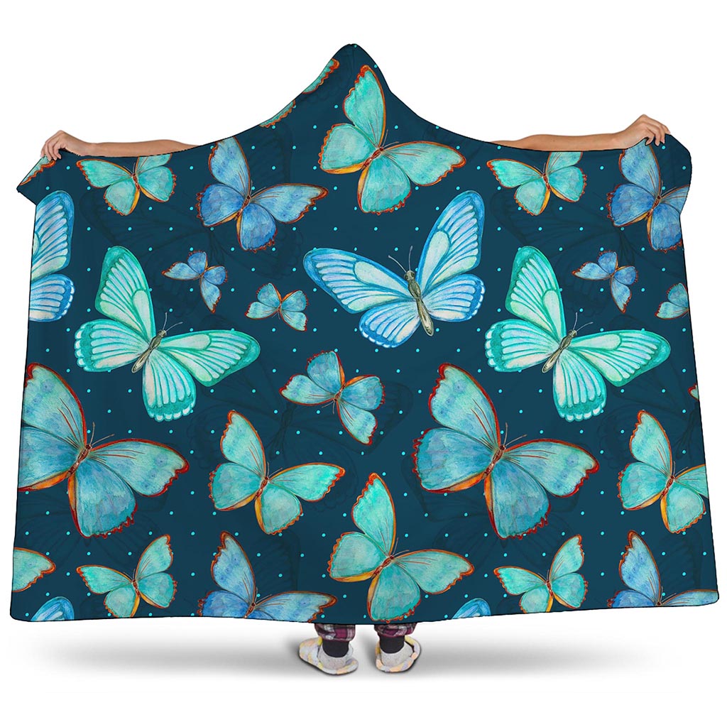 Watercolor Blue Butterfly Pattern Print Hooded Blanket