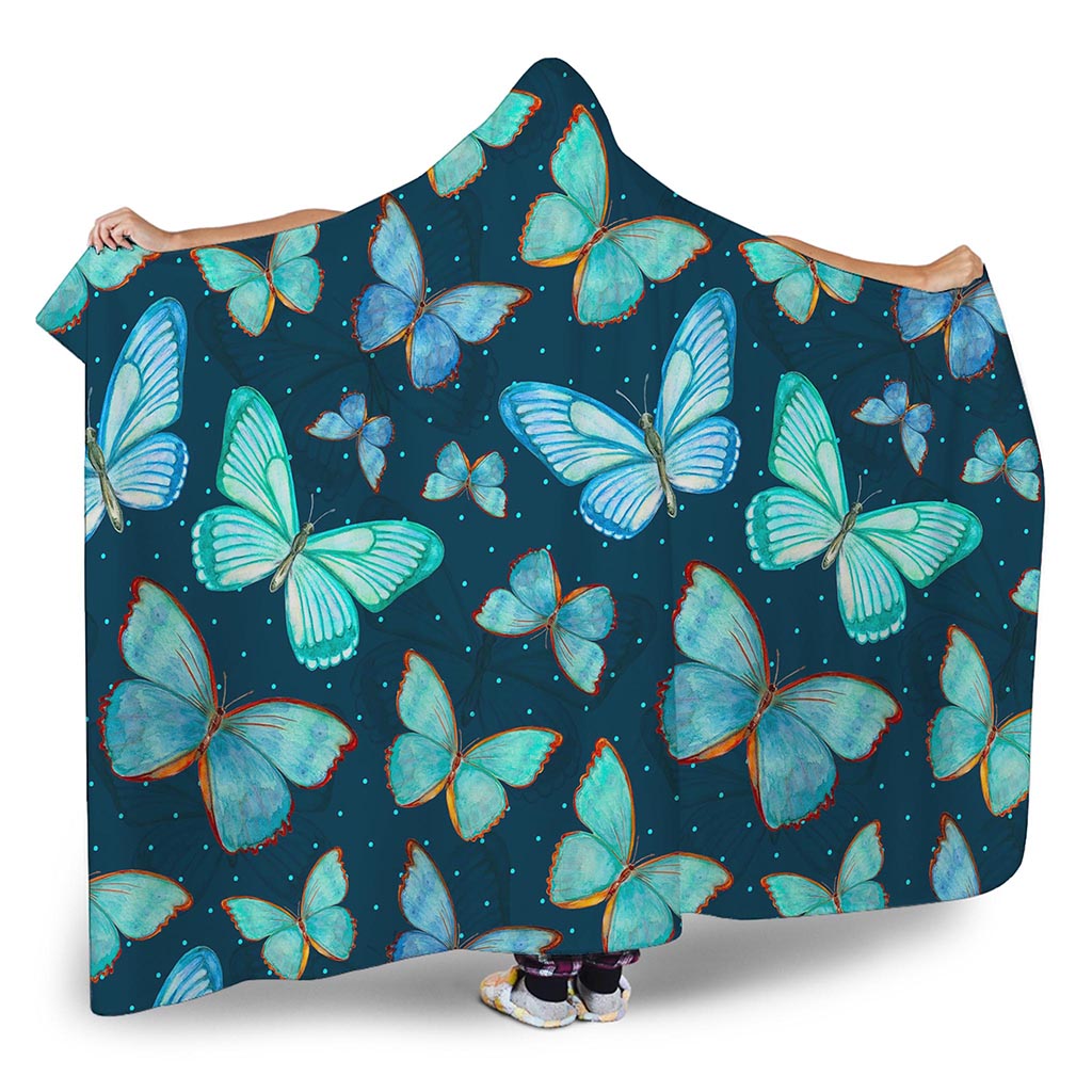 Watercolor Blue Butterfly Pattern Print Hooded Blanket