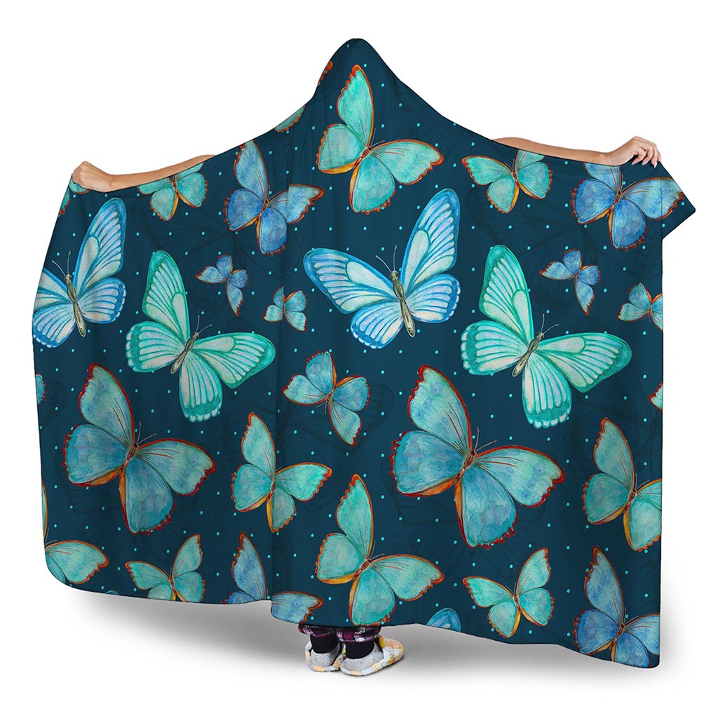 Watercolor Blue Butterfly Pattern Print Hooded Blanket
