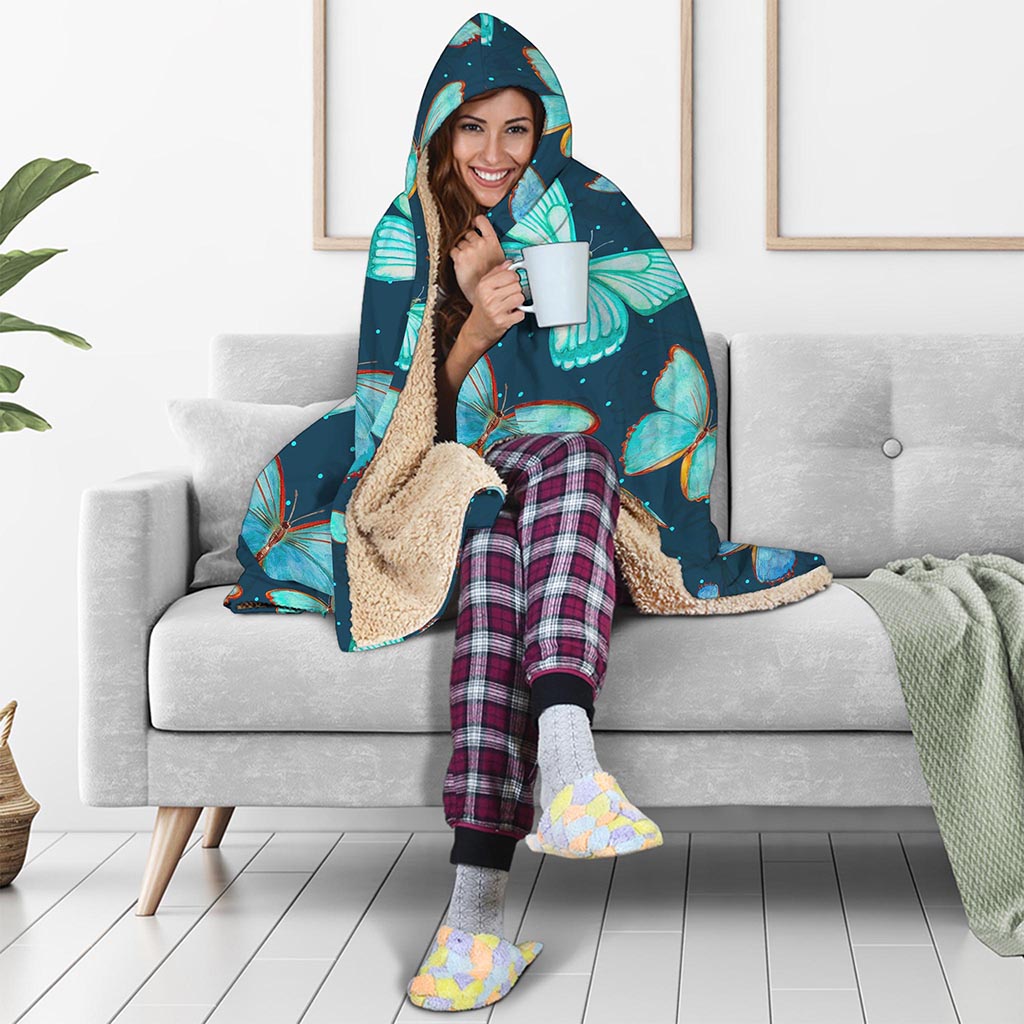 Watercolor Blue Butterfly Pattern Print Hooded Blanket