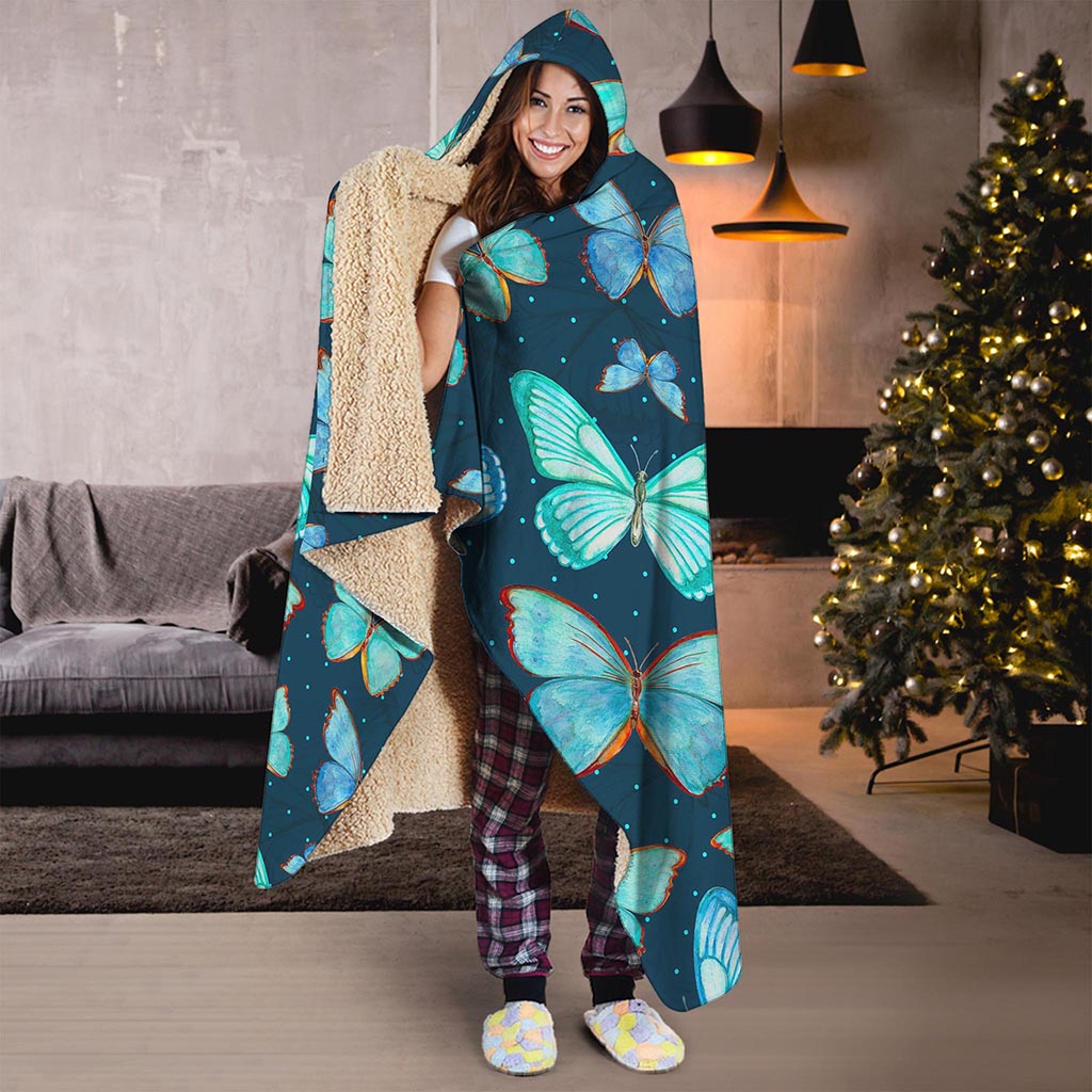 Watercolor Blue Butterfly Pattern Print Hooded Blanket