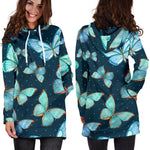 Watercolor Blue Butterfly Pattern Print Hoodie Dress GearFrost