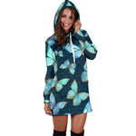 Watercolor Blue Butterfly Pattern Print Hoodie Dress GearFrost