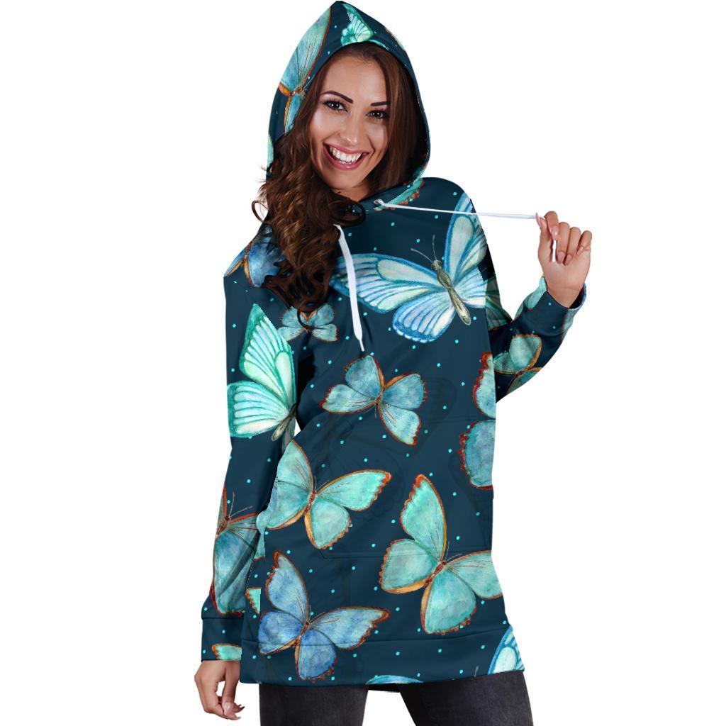Watercolor Blue Butterfly Pattern Print Hoodie Dress GearFrost