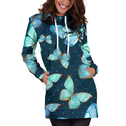 Watercolor Blue Butterfly Pattern Print Hoodie Dress GearFrost