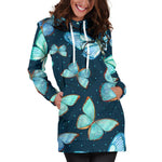 Watercolor Blue Butterfly Pattern Print Hoodie Dress GearFrost