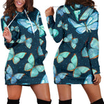 Watercolor Blue Butterfly Pattern Print Hoodie Dress GearFrost