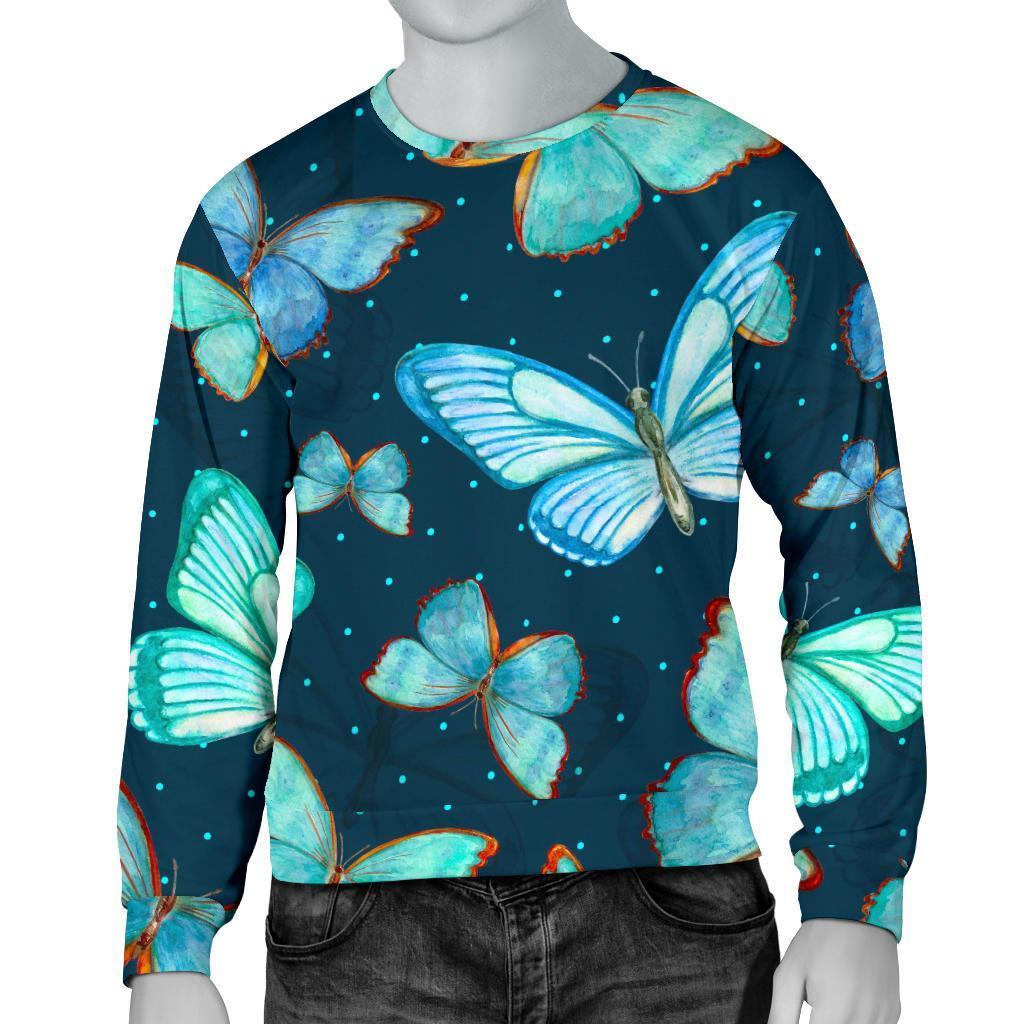 Watercolor Blue Butterfly Pattern Print Men's Crewneck Sweatshirt GearFrost