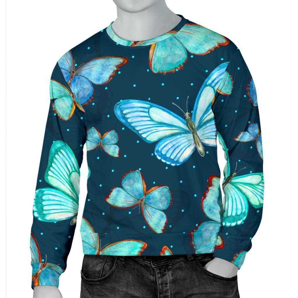 Watercolor Blue Butterfly Pattern Print Men's Crewneck Sweatshirt GearFrost