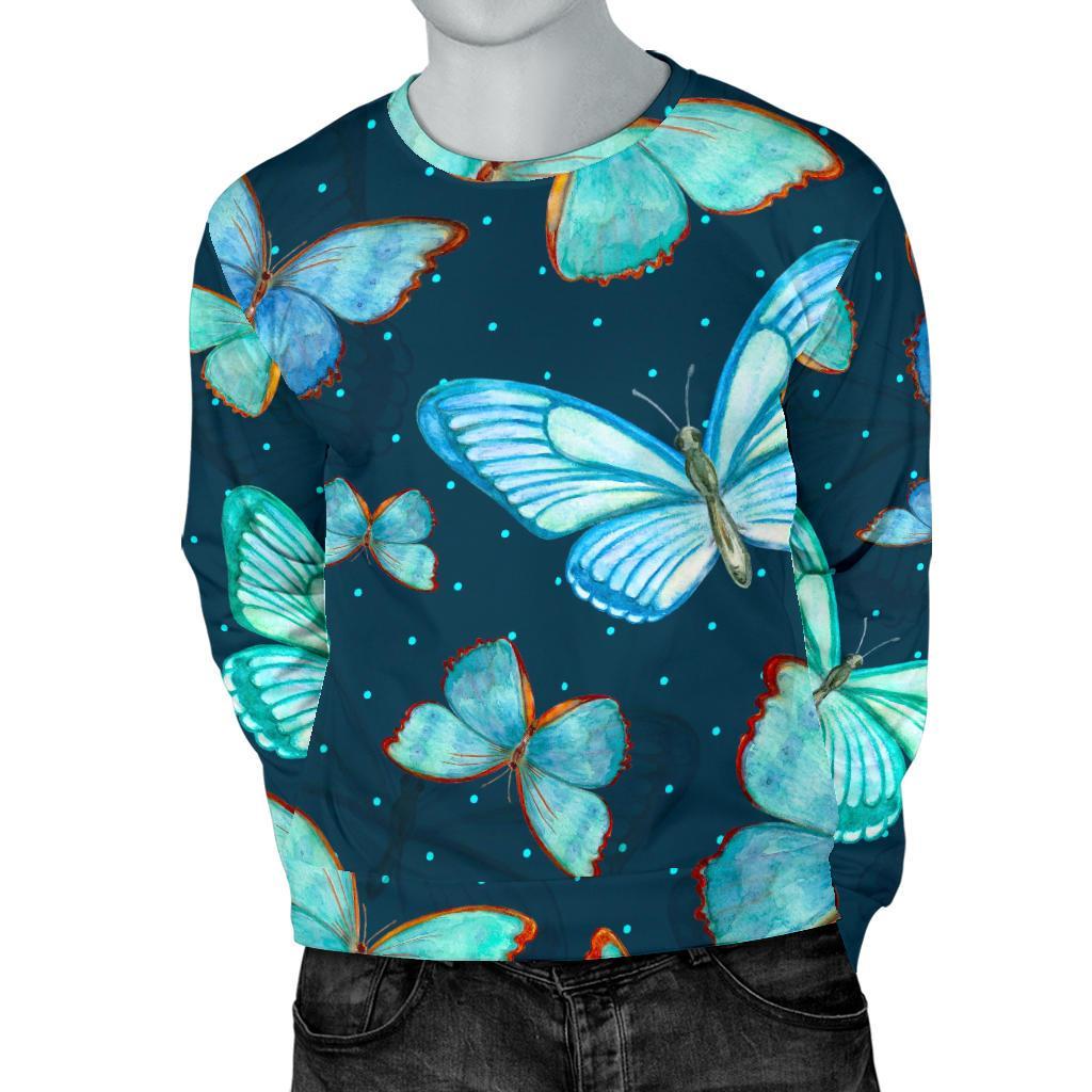 Watercolor Blue Butterfly Pattern Print Men's Crewneck Sweatshirt GearFrost
