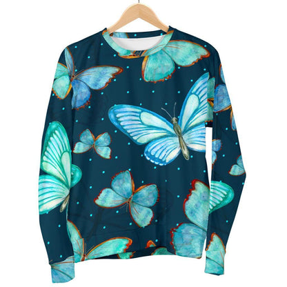 Watercolor Blue Butterfly Pattern Print Men's Crewneck Sweatshirt GearFrost
