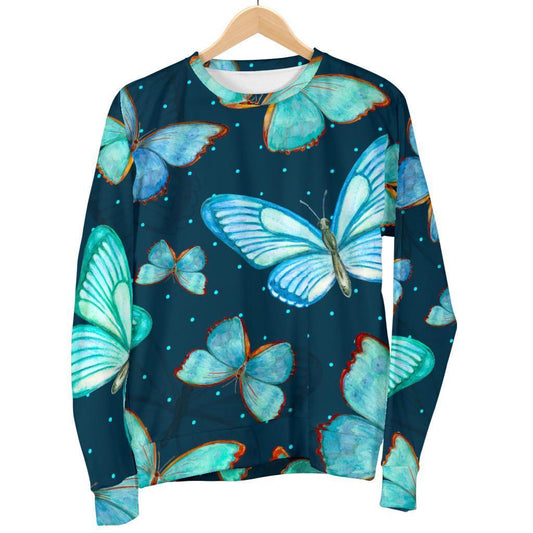 Watercolor Blue Butterfly Pattern Print Men's Crewneck Sweatshirt GearFrost