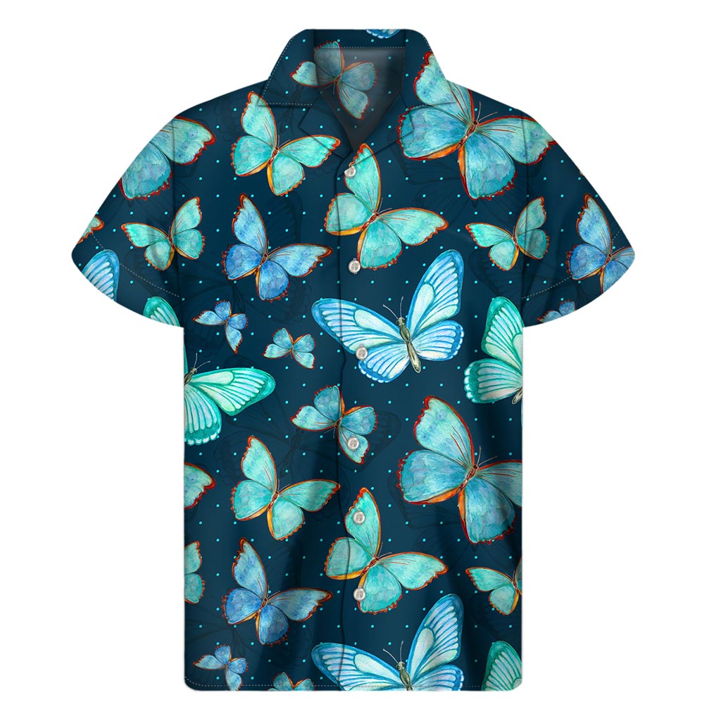 Watercolor Blue Butterfly Pattern Print Men's Short Sleeve Shirt