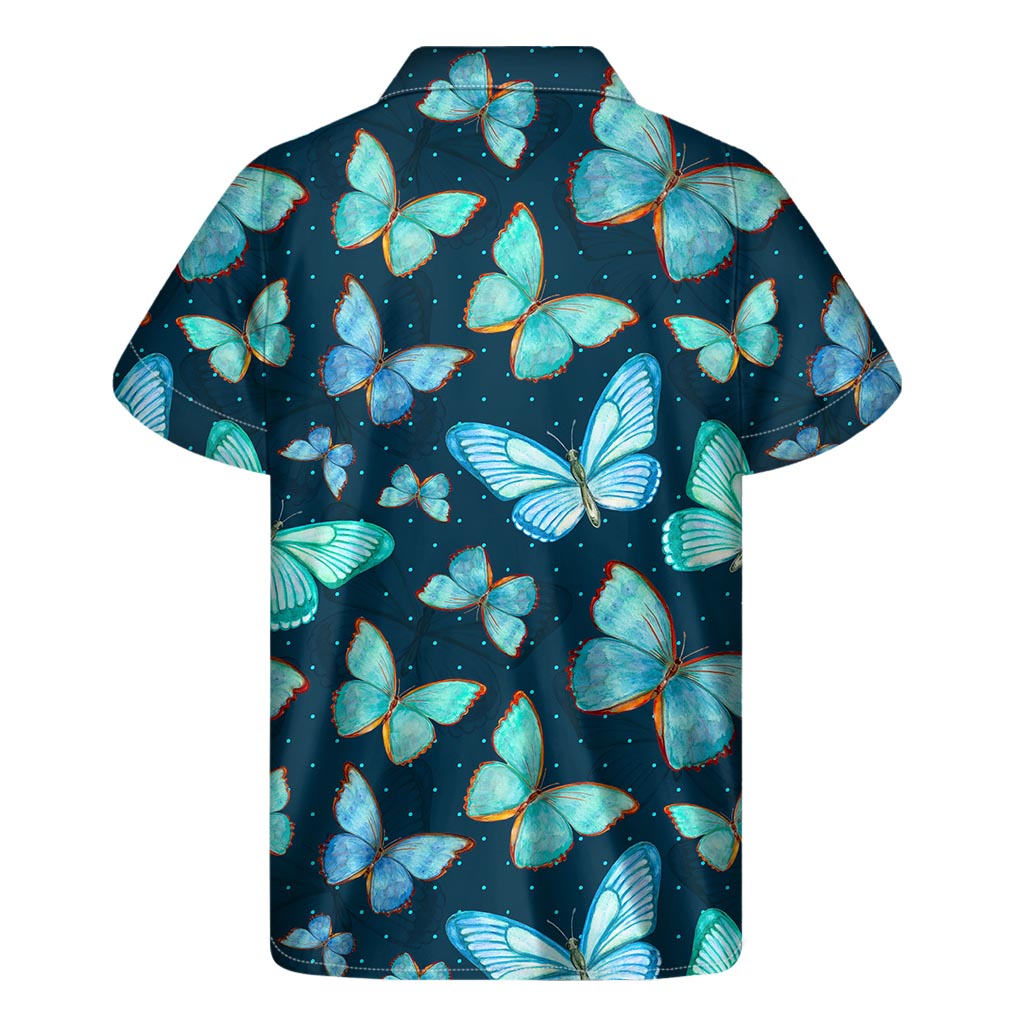 Watercolor Blue Butterfly Pattern Print Men's Short Sleeve Shirt