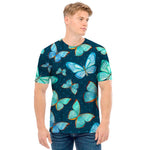 Watercolor Blue Butterfly Pattern Print Men's T-Shirt