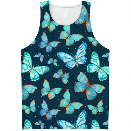 Watercolor Blue Butterfly Pattern Print Men's Tank Top