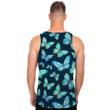 Watercolor Blue Butterfly Pattern Print Men's Tank Top